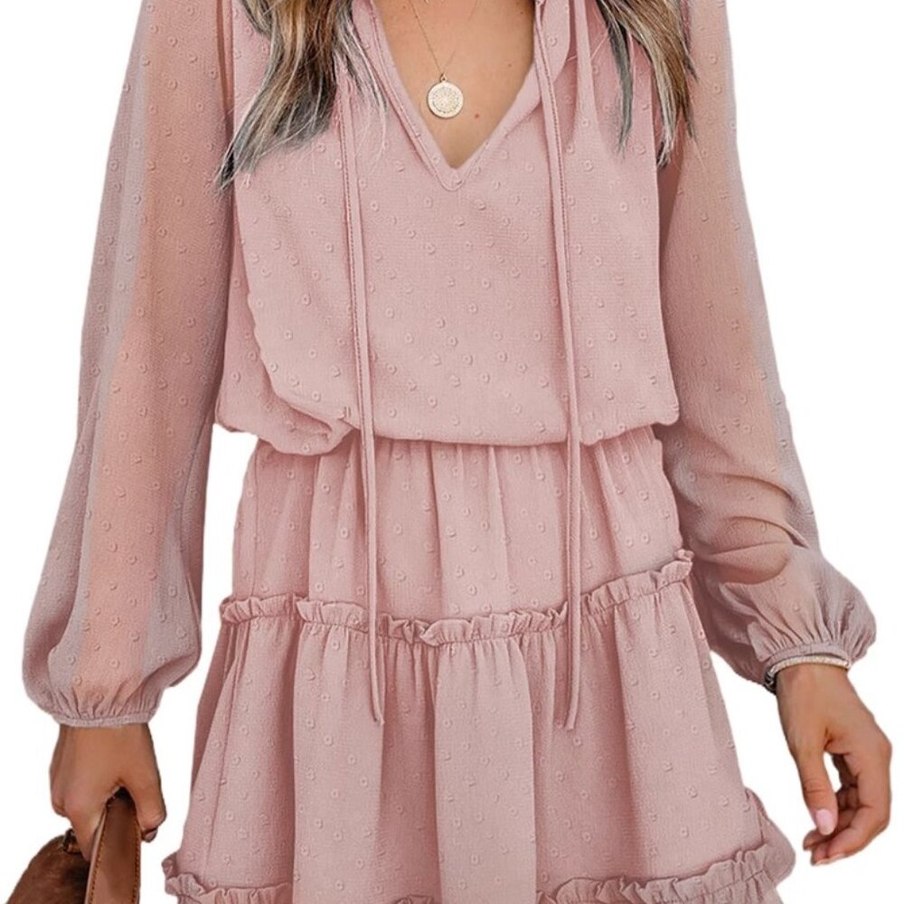 Ruffled tulle knee-length dress Solid color casual pullover dress